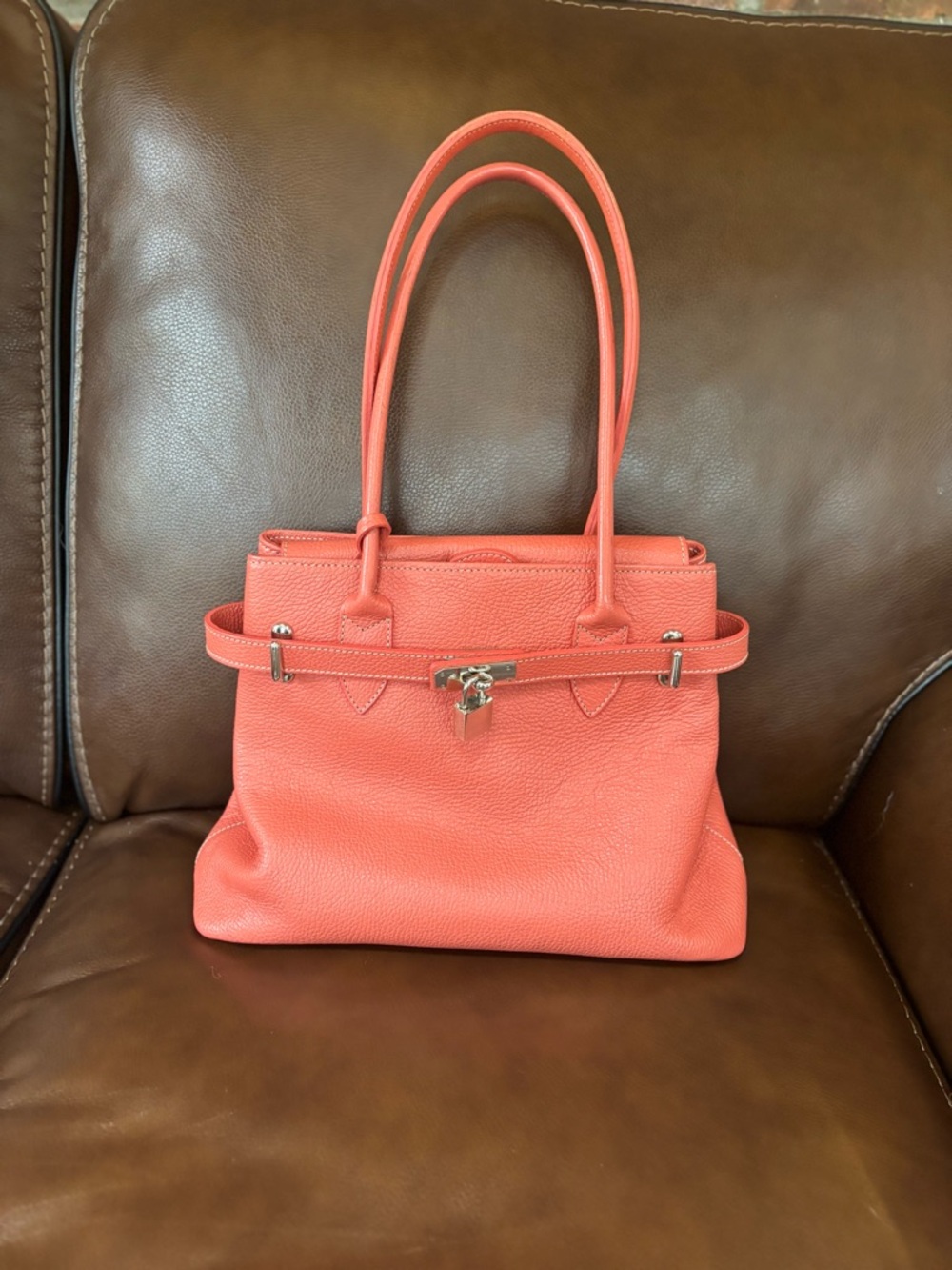 Italian Leather Orange Birkin Style Tote Structured Satchel Gold Hardware